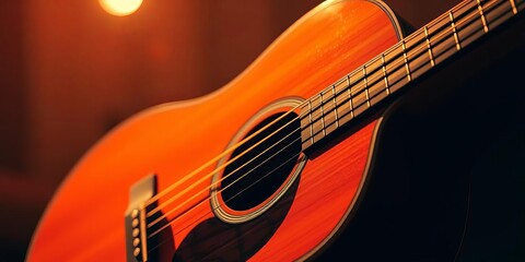Naklejka premium Acoustic guitar with warm lighting, perfect for music lovers, practice, wooden