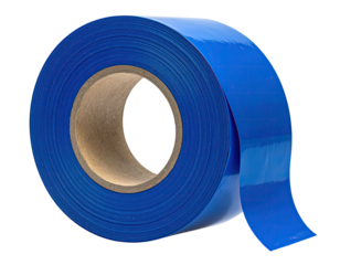 Roll of vibrant blue tape with a shiny surface, unraveled