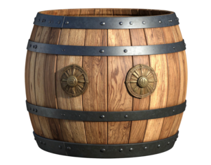 A detailed image of a wooden barrel with metal bands and decorative accents