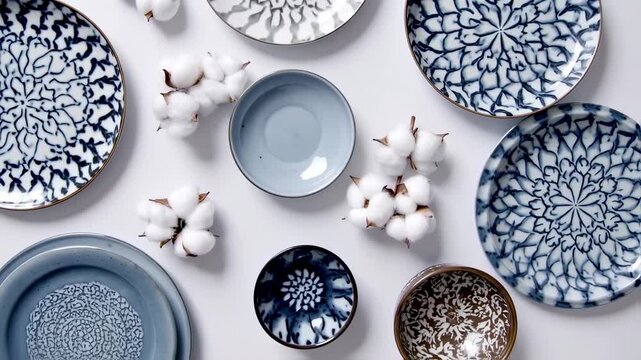 Artistic ceramic bowls and plates with detailed patterns and cotton flowers