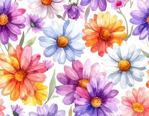 Watercolor floral pattern with colorful daisies on a white backdrop