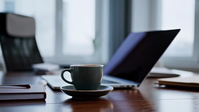 A modern desk setup with a laptop, coffee cup, and journal for efficiency