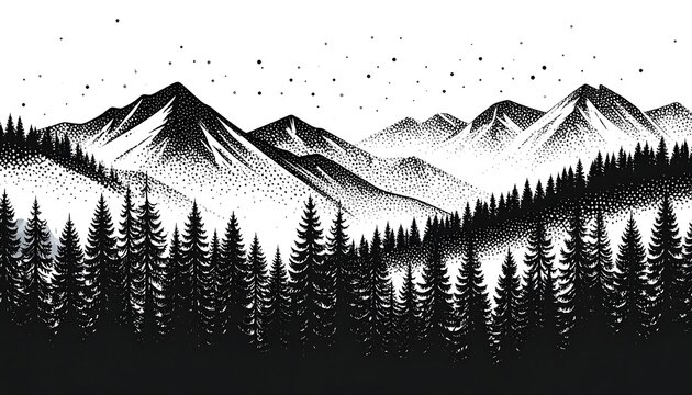 Black and white landscape of mountains and evergreen trees - Powered by Adobe