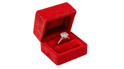 Diamond ring in red box isolated in high resolution png style with clean transparent background feel, sparkling detailed cutout ideal for wedding and engagement proposals, romantic gift designs