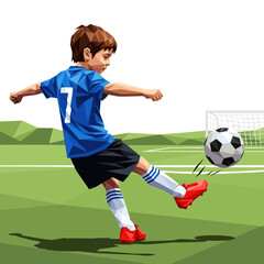 Obraz premium Young Boy Kicking Soccer Ball on Green Soccer Field Low Poly Vector Illustration