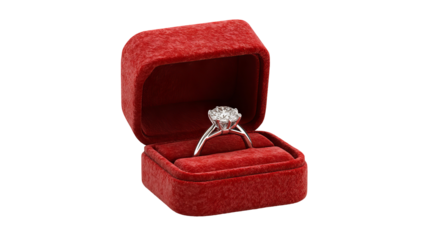 Diamond ring in red box isolated in high resolution png style with clean transparent background feel, sparkling detailed cutout ideal for wedding and engagement proposals, romantic gift designs
