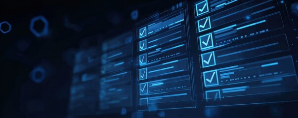 Obraz premium A digital operations board showing monitoring aggregates policy compliance approval ordering profile alignment management system logic and a task checklist