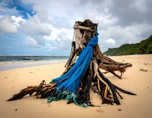Weathered tree stump adorned with blue netting on a sandy beach