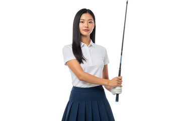 Confident young Asian woman golfer holding a club, ready to play, isolated on transparent background