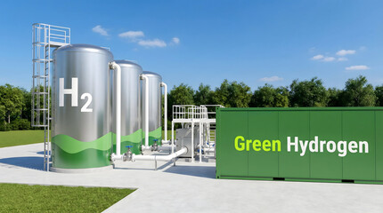 Green hydrogen production facility with large silver storage tanks and equipment