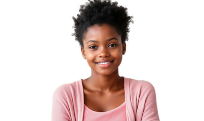 Smiling young African American woman with short curly natural hair, wearing a pink cardigan isolated on transparent background
