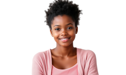 Smiling young African American woman with short curly natural hair, wearing a pink cardigan isolated on transparent background