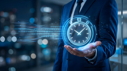 Businessman presenting futuristic clock with binary code in hand