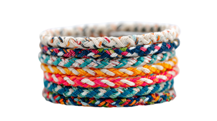 Stack of colorful woven bracelets with vibrant textures isolated in high resolution PNG style and transparent background feel, detailed accessory cutout ideal for craft designs, fashion mockups