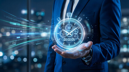 Businessman presenting futuristic time management concept with glowing stopwatch