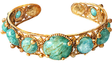 Watercolor style gold and turquoise bracelet illustration with elegant artistic charm isolated in high resolution png look and transparent background feel ideal for refined jewelry cutout designs
