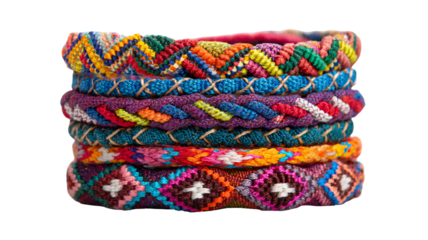 Stack of colorful woven bracelets with vibrant textures isolated in high resolution PNG style and transparent background feel, detailed accessory cutout ideal for craft designs, fashion mockups