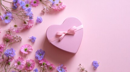 Heart-Shaped Gift Box Surrounded by Colorful Flower Blossoms