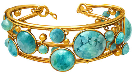 Watercolor style gold and turquoise bracelet illustration with elegant artistic charm isolated in high resolution png look and transparent background feel ideal for refined jewelry cutout designs
