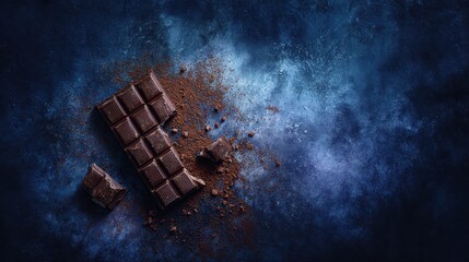 Dark Chocolate Bar with Sea Salt Flakes on Textured Blue Background with Cocoa Powder Accents