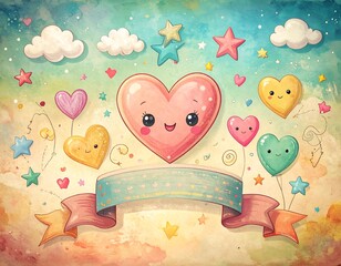Whimsical illustration of hearts, stars, and clouds