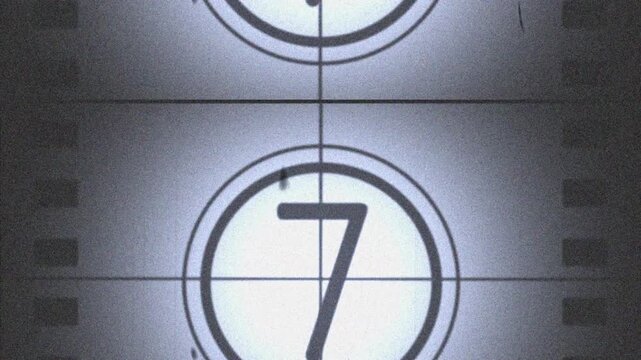 10 second Old film strip countdown, from 10 to 0. Rolling film reel with flicker, dust and grain effect. 4k video animation. 