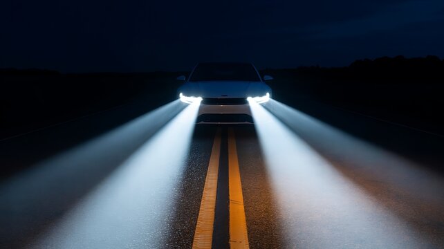 Dramatic nighttime shot of a car with powerful headlights on a road photo