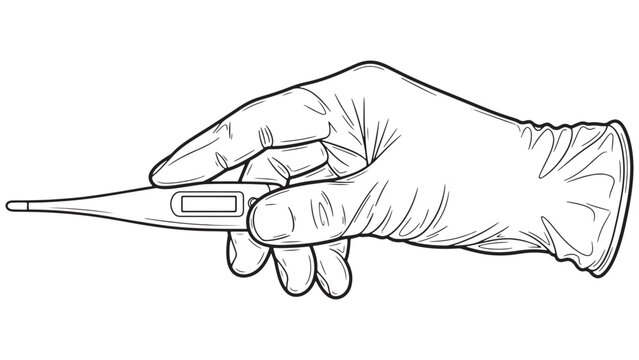 Vector line art illustration of a hand holding a digital medical thermometer for fever temperature measurement