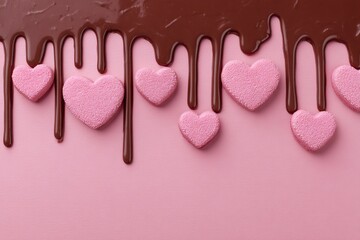 Pink Heart Candies with Drizzling Chocolate on a Soft Pink Background