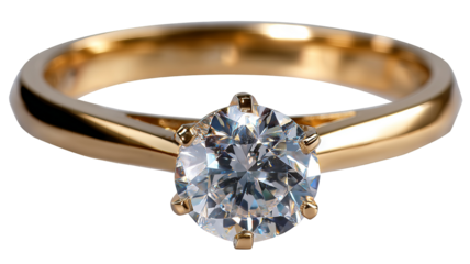 Gorgeous gold engagement ring with diamond isolated in high resolution png style, clean transparent background feel and sparkling detailed cutout ideal for bridal jewelry branding, proposal designs