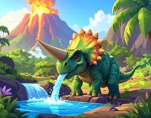 Whimsical dinosaur drinks from a stream, volcano erupting in the background