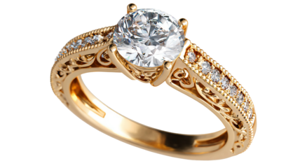 Gorgeous gold engagement ring with diamond isolated in high resolution png style, clean transparent background feel and sparkling detailed cutout ideal for bridal jewelry branding, proposal designs