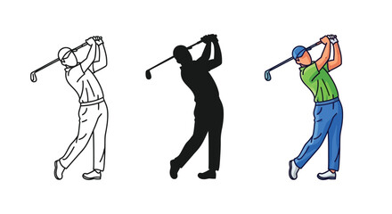 Naklejka premium Set of three illustrations of a golfer swinging a club outline, silhouette and colored version
