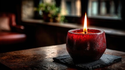 A single burning red candle in a dark room