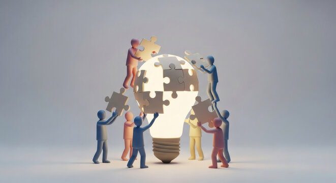 Collaborative innovation Diverse team assembling a glowing puzzle light bulb, symbolizing shared ideas and the collective effort to build a brilliant solution.