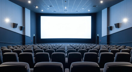 Fototapeta premium Empty modern cinema auditorium with comfortable seating and a large blank screen awaiting a film projection, perfect for immersive viewing experiences.