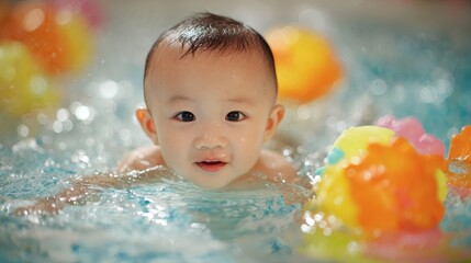 Happy Baby Swimming in Pool Surrounded by Colorful Toys