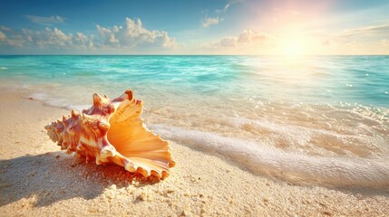 Golden Conch Shell Lies on White Sandy Shore with Azure Water and Bright Sunlight Creates a Peaceful Coastal Scene in Summertime Beach Resort