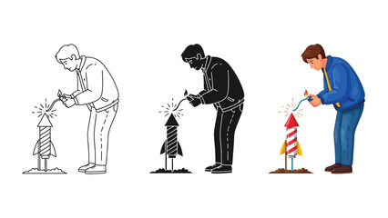 Naklejka premium Man lighting a firework rocket with a fuse, shown in three styles outline, silhouette and full color illustration