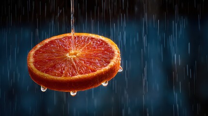 Vibrant Orange Slice Suspended in Rainfall Against a Dark Backdrop Creating a Refreshing and Dynamic Composition Under Dramatic Lighting