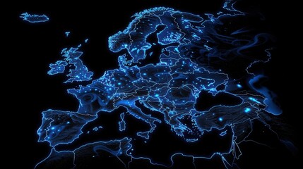 Digital glowing Europe map with blue contours on black background represents EU network, European union connectivity, data transfer, cyber technology, information exchange in European countries.