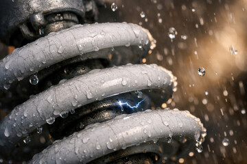 Rainy High Voltage Insulator With Water Droplets And Electric Arc Spark