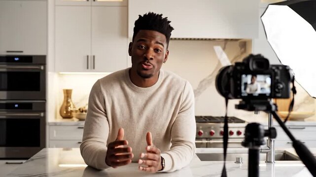 A male vlogger records content with a camera and softbox light in a kitchen