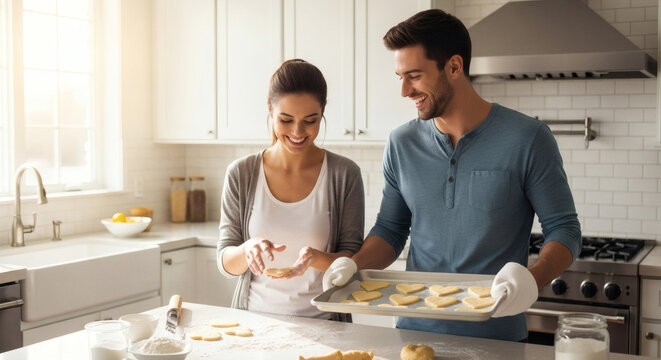 A delightful scene of a joyful couple creating sweet treats together in their bright and modern kitchen, embodying shared moments of joy and creation. - Powered by Adobe