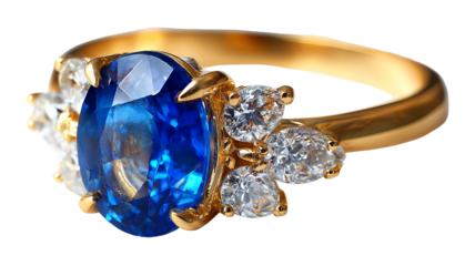 Blue sapphire and diamond gold ring isolated in high resolution PNG style with clean transparent background feel, sparkling detailed cutout ideal for luxury jewelry branding, engagement designs.