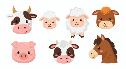 Obraz premium Charming vector collection of cute farm animals, including cows, sheep, pigs, and horses, ideal for children's designs and educational projects.