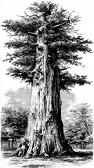 Monochrome Illustration of Tall Tree with Dense Foliage and Textured Trunk in Forest
