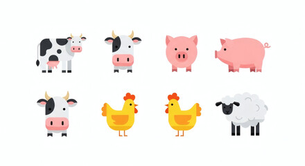 Obraz premium Adorable Cartoon Farm Animals Vector Icons Featuring Bovine, Swine, Poultry, and Ovine Characters in a Flat Design Style