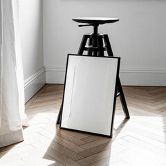 Blank frame mockup leaning on stool near window with curtain light and shadows 