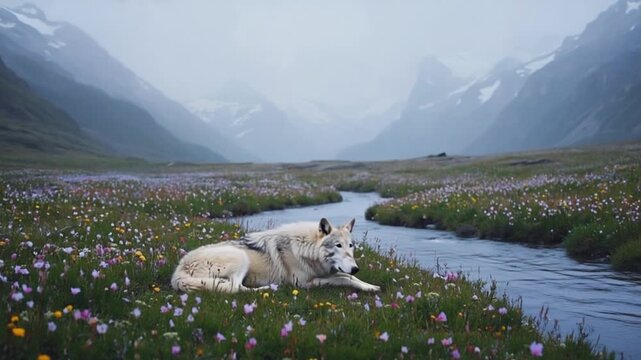 Calm Arctic Wolf Resting and Standing in a Colorful Wildflower Meadow Beside a Flowing River with Majestic Misty Mountains in the Background. Peaceful Nature Scene.